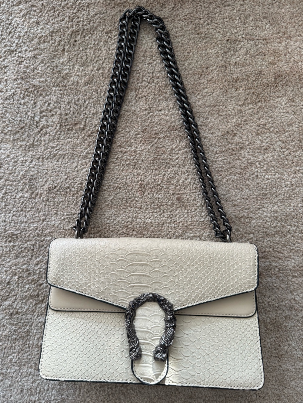 White Textured Shoulder Bag with Gunmetal Chain and Mermaid Hardware